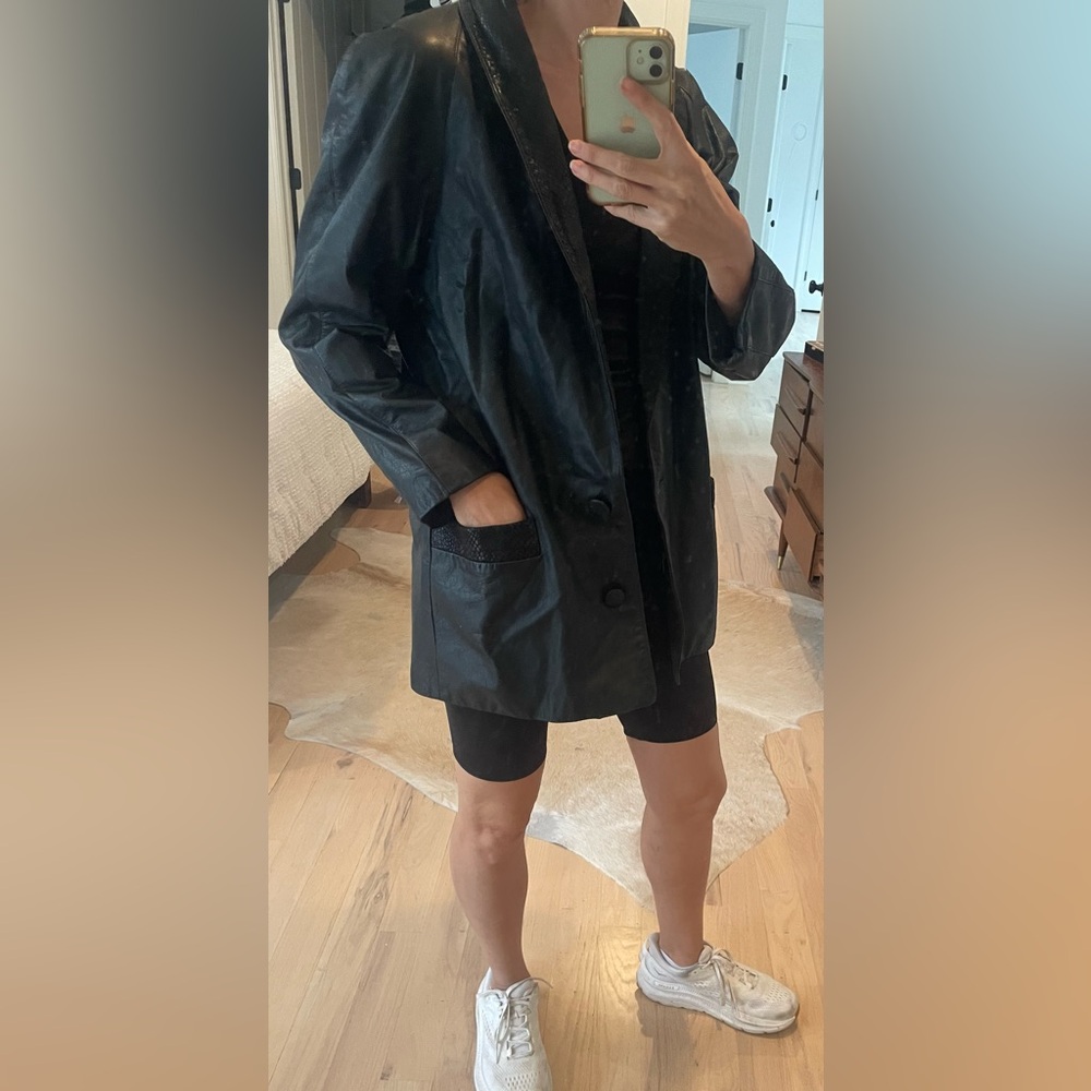 Vintage Black Leather Jacket with shoulder pads and croc look collar